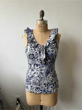 Lauren Ralph Lauren Blue White Paisley Ruffle V-Neck Sleeveless Cotton Top S